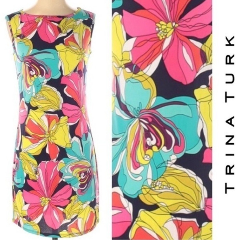 TRINA TURK TROPICAL PINK GREEN YELLOW FLORAL PRINT SLEEVELESS BODYCON DRESS S